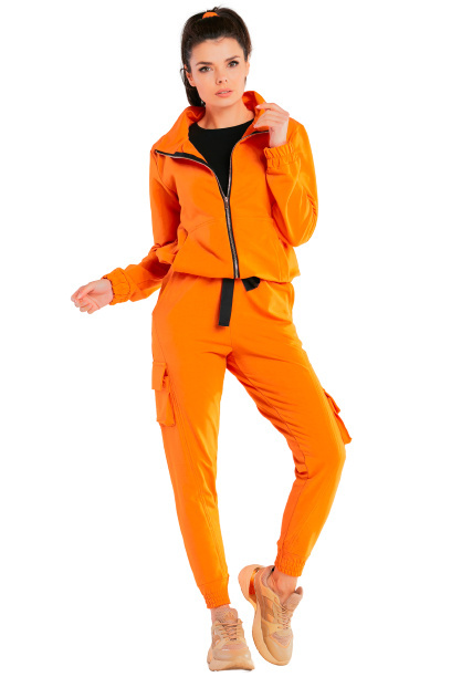Spodnie damskie bojówki bawełniane ze ściągaczem pomarańczowe